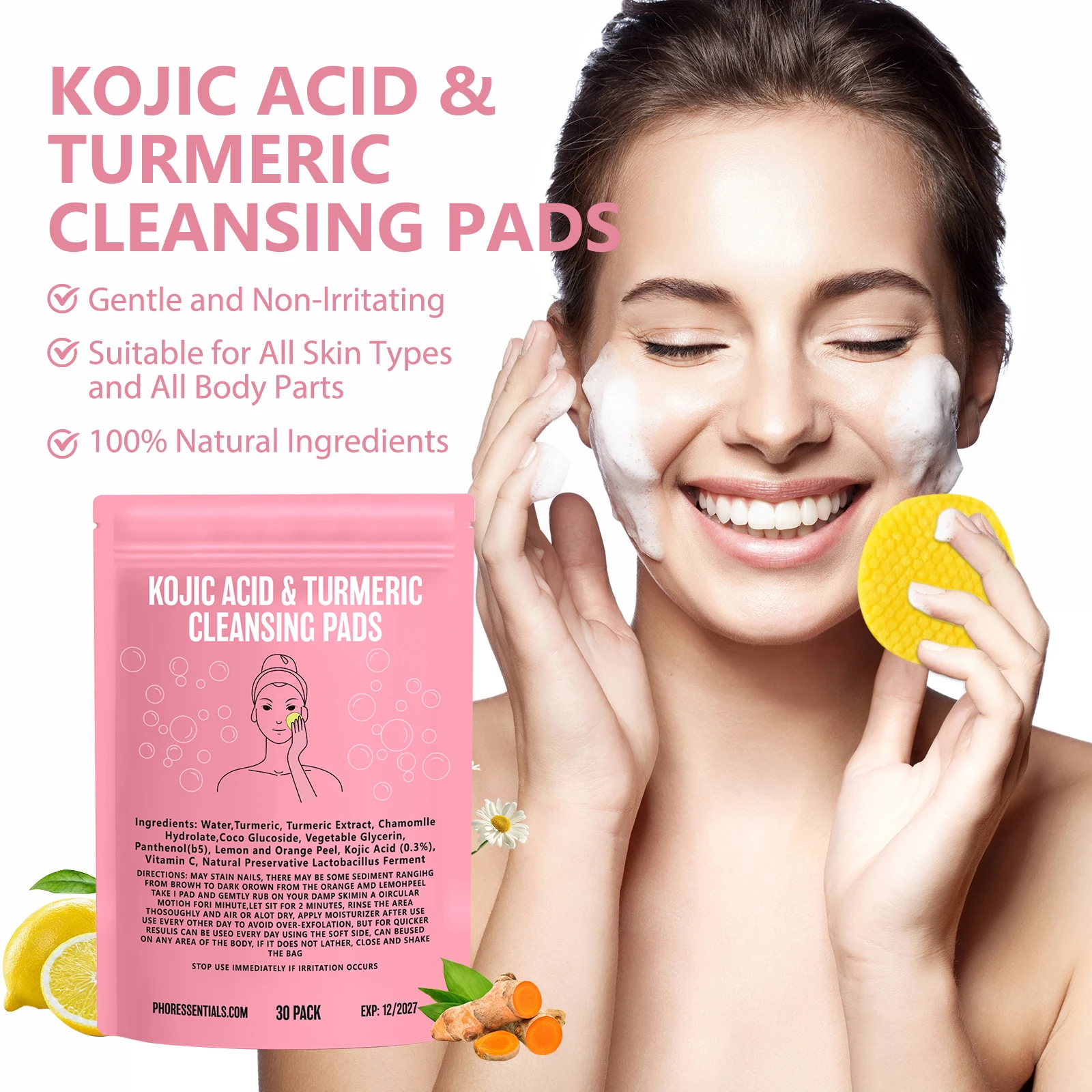 Kojic Acid Soap - 30pcs Turmeric Kojic Acid Cleansing Pads